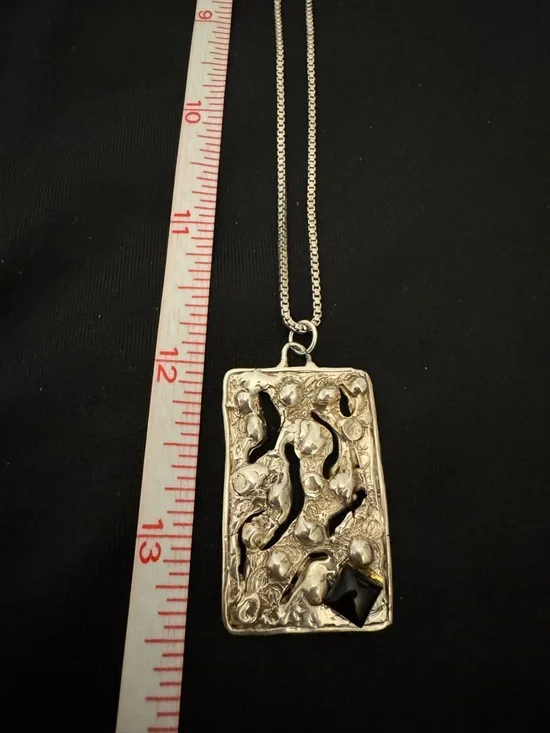 Sterling Silver Textured Rectangle Pendant Necklace with Onyx - Brutalist 24”
